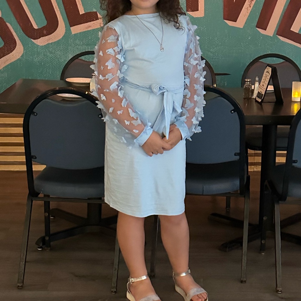 Light Blue Fitted dress with butterfly sleeves